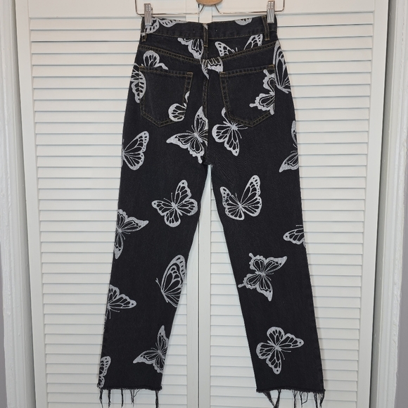PACSUN‎ Eco Black Butterfly Jeans Women Sz 25 High Rise Straight Cotton Y2K Boho - Picture 4 of 13